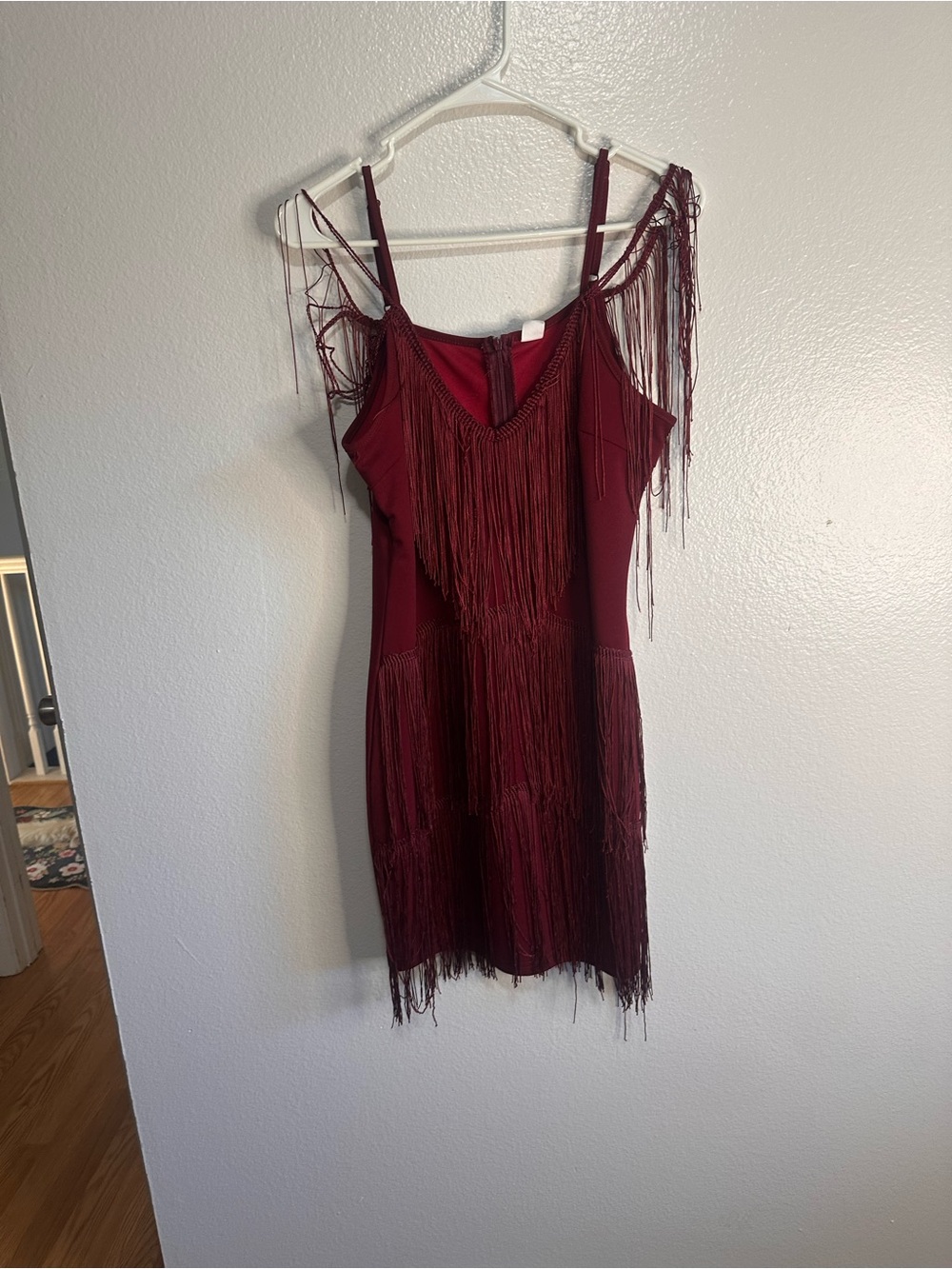 Fringe Detail Burgundy Cold-Shoulder Mini Dress